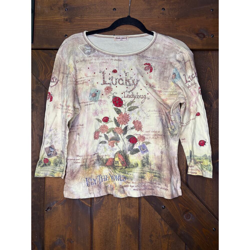 Studio Gem Q women’s large "Lucky Ladybug" 3/4 sleeve shirt